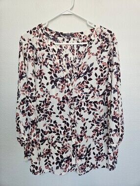 NYDJ | Pleat Back 3/4 Sleeve Blouse Classic Career Leaves Light Sheer Womens 1X